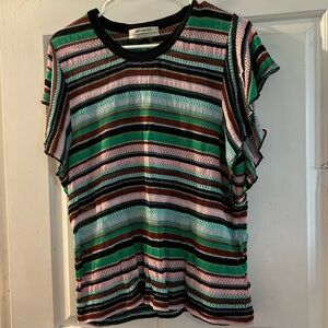 Anthropologie Striped Short Sleeve Knit Top in Green, Pink & Black